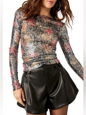 Free People Intimately Gold Rush Sequin Top XL Floral Party Long Sleeve